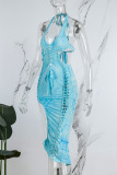Blue Sexy Tie Dye Hollowed Out Backless Fold Strap Design Halter Irregular Dress Dresses