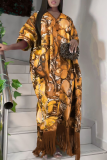 Blue Plus Size Print Tassel Patchwork V Neck Straight Dresses(With Headscarf)