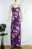 Purple Sexy Casual Print Backless Spaghetti Strap Long Dress Dresses