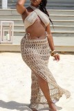 Blue Sexy Solid Hollowed Out Backless Slit Halter Sleeveless Two Pieces