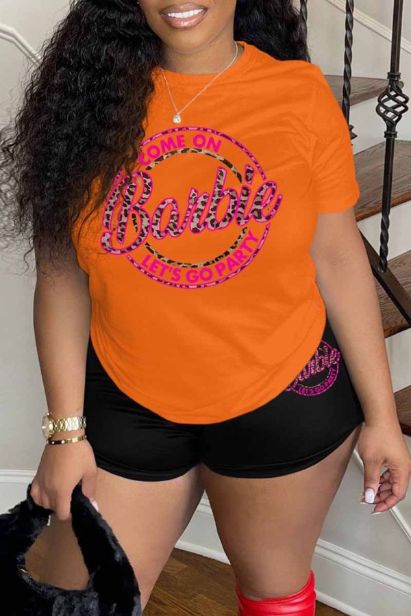 Orange Casual Print Letter O Neck Short Sleeve Two Pieces