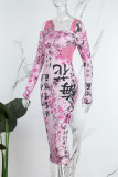 Pink Casual Print Patchwork Off the Shoulder Long Sleeve Dresses