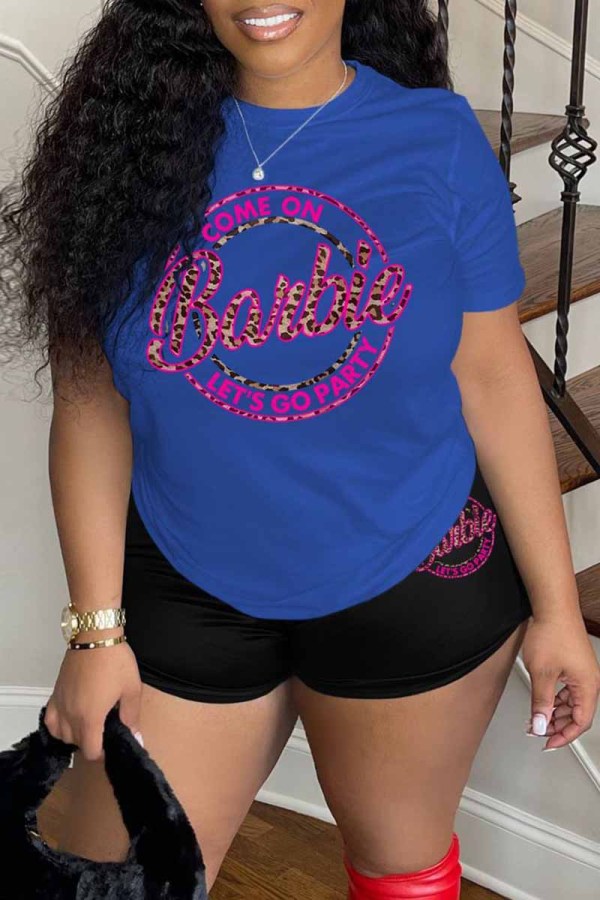 Blue Casual Print Letter O Neck Short Sleeve Two Pieces