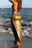 Silver Sexy Solid Backless Slit Spaghetti Strap Long Dress Dresses