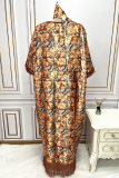 Blue Plus Size Print Tassel Patchwork V Neck Straight Dresses(With Headscarf)