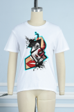 White Daily Vintage Print Patchwork O Neck T-Shirts