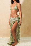 Green Sexy Print Bandage Backless Swimsuit Three Piece Set