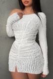 White Casual Solid Patchwork Oblique Collar Long Sleeve Dresses