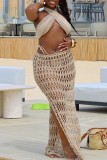 Blue Sexy Solid Hollowed Out Backless Slit Halter Sleeveless Two Pieces
