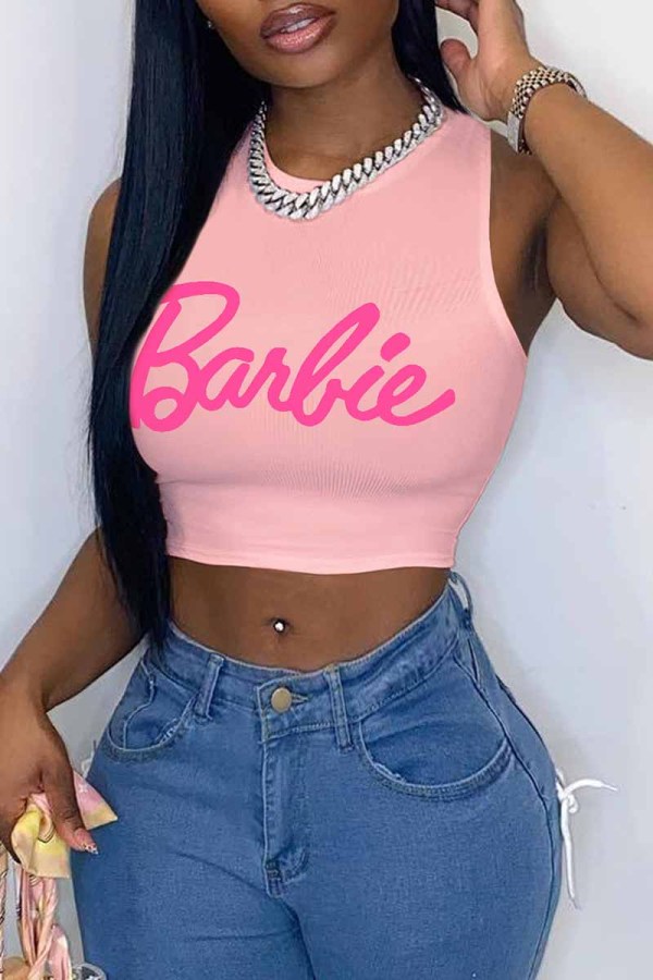 Light Pink Sexy Street Print Letter O Neck Tops
