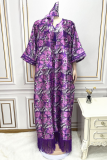 Blue Plus Size Print Tassel Patchwork V Neck Straight Dresses(With Headscarf)