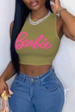 Pink Sexy Street Print Letter O Neck Tops