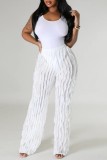 White Casual Solid Patchwork Regular High Waist Conventional Solid Color Trousers