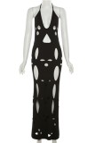 Black Sexy Solid Ripped Hollowed Out Backless Halter Long Dress Dresses