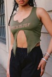 Red Casual Letter Print Asymmetrical U Neck Tops