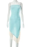 Cyan Sexy Casual Solid Tassel Patchwork Backless Strapless Irregular Dress Dresses