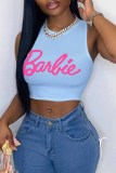 Pink Sexy Street Print Letter O Neck Tops