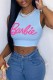 Light Blue Sexy Street Print Letter O Neck Tops