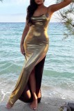 Silver Sexy Solid Backless Slit Spaghetti Strap Long Dress Dresses