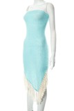 Cyan Sexy Casual Solid Tassel Patchwork Backless Strapless Irregular Dress Dresses