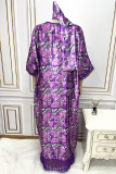 Blue Plus Size Print Tassel Patchwork V Neck Straight Dresses(With Headscarf)