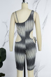 Turquoise Street Striped Bandage Hollowed Out Backless Spaghetti Strap Skinny Rompers