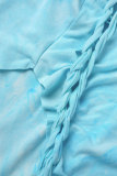 Blue Sexy Tie Dye Hollowed Out Backless Fold Strap Design Halter Irregular Dress Dresses