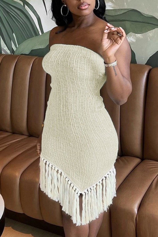 Apricot Sexy Casual Solid Tassel Patchwork Backless Strapless Irregular Dress Dresses