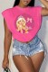 Rose Red Casual Street Character Print Letter O Neck Tops