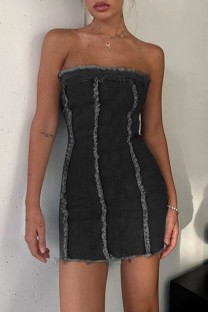Black Sexy Casual Solid Patchwork Backless Strapless Sleeveless Skinny Denim Dresses
