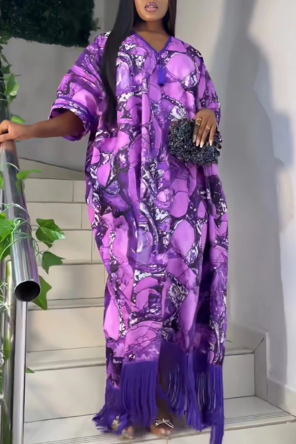 Purple Plus Size Print Tassel Patchwork V Neck Straight Dresses(With Headscarf)