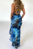Blue Sexy Print Patchwork Frenulum Backless Halter Irregular Dress Dresses