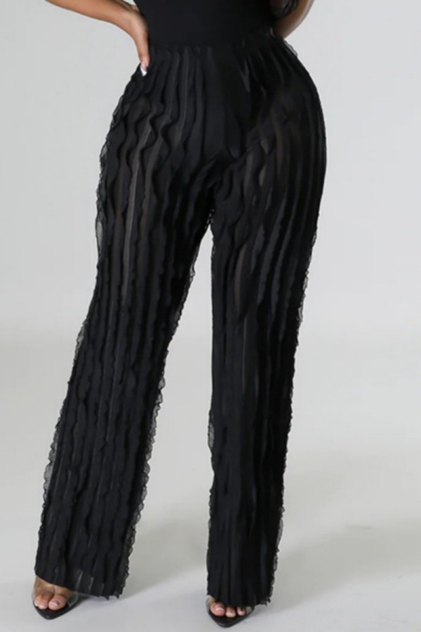 Black Casual Solid Patchwork Regular High Waist Conventional Solid Color Trousers