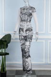 Black Street Print Patchwork Buttons See-through Mesh V Neck Long Sleeve Two Pieces