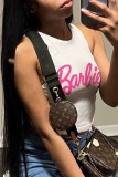Pink Sexy Street Print Letter O Neck Tops