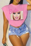 Rose Red Casual Street Character Print Letter O Neck Tops