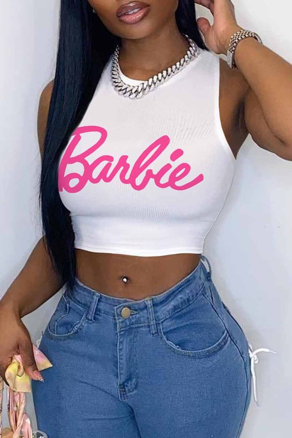 White Sexy Street Print Letter O Neck Tops