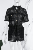 Watermelon Red Casual Solid Hollowed Out See-through Turndown Collar Short Sleeve Two Pieces