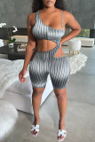 Turquoise Street Striped Bandage Hollowed Out Backless Spaghetti Strap Skinny Rompers