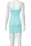 Cyan Sexy Casual Solid Tassel Patchwork Backless Strapless Irregular Dress Dresses