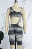 Turquoise Street Striped Bandage Hollowed Out Backless Spaghetti Strap Skinny Rompers