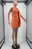Tangerine Red Casual Striped Letter With Belt Turn-back Collar Sleeveless Two Pieces