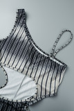 Turquoise Street Striped Bandage Hollowed Out Backless Spaghetti Strap Skinny Rompers