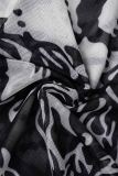 Black Street Print Patchwork Buttons See-through Mesh V Neck Long Sleeve Two Pieces