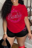 Red Casual Print Letter O Neck Short Sleeve Two Pieces