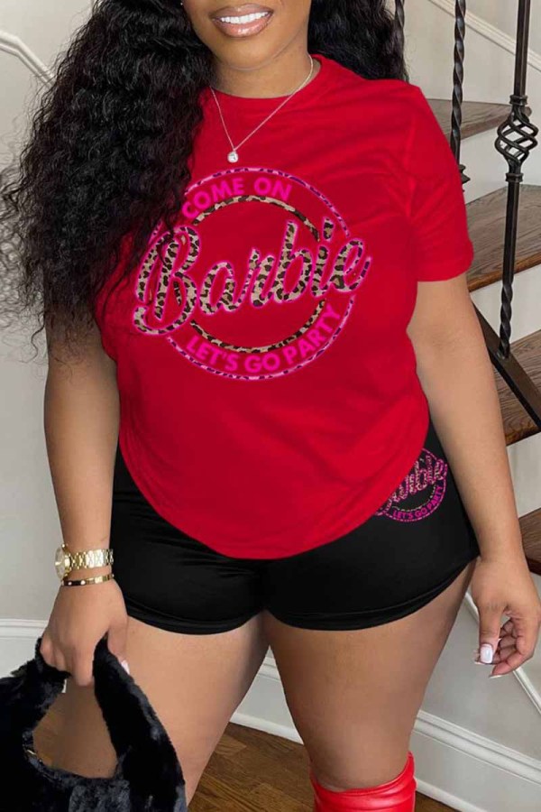 Red Casual Print Letter O Neck Short Sleeve Two Pieces