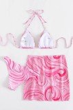 Pink Sexy Print Bandage Backless Swimsuit Three Piece Set (With Paddings)