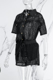 Watermelon Red Casual Solid Hollowed Out See-through Turndown Collar Short Sleeve Two Pieces