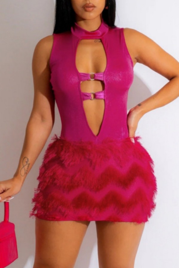 Rose Red Sexy Solid Hollowed Out Patchwork Half A Turtleneck Sleeveless Dress Dresses
