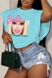 Rose Red Casual Street Character Print Letter O Neck Tops